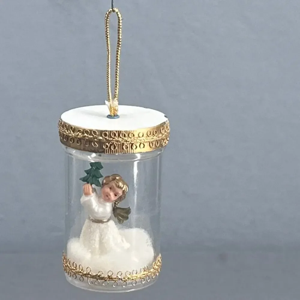 VTG Handmade Baby Angel Pill Bottle Ornament Set 3 Plastic Diorama Gold Trim 50s